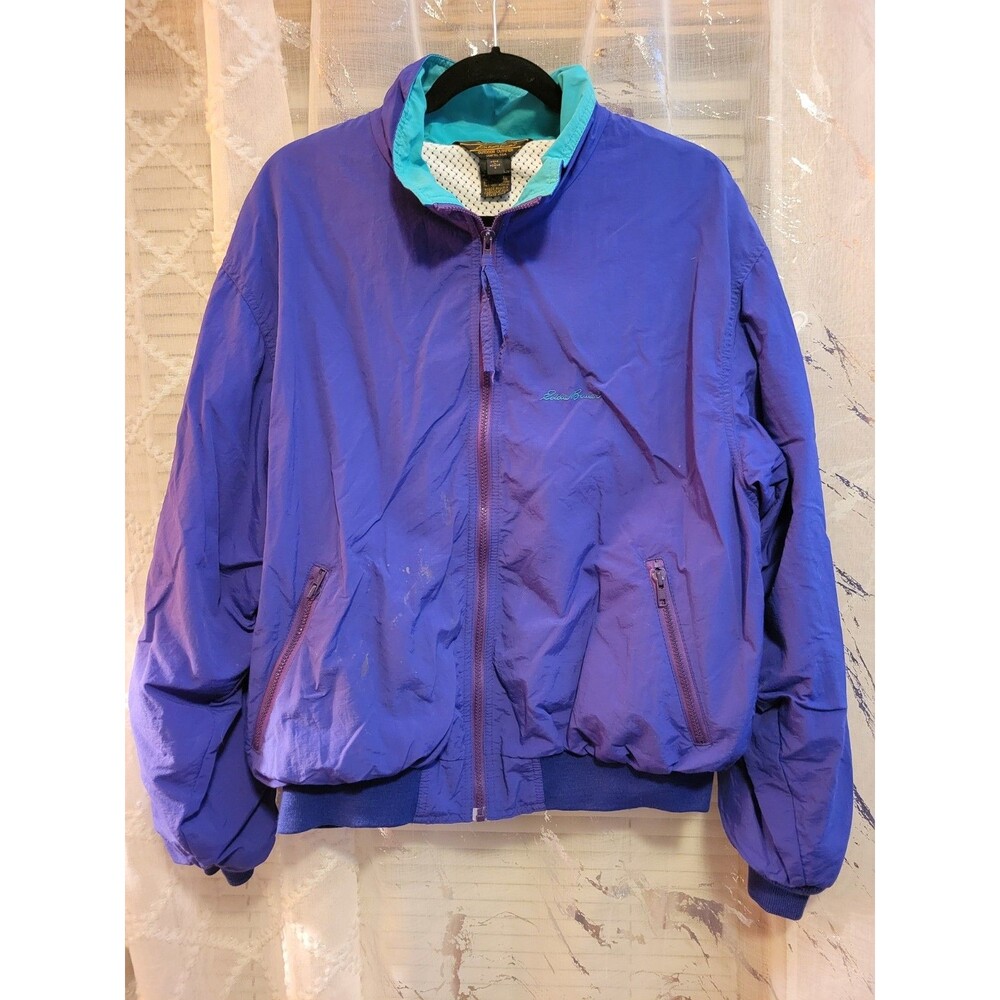 Vintage Eddie Bauer Zip Nylon Jacket Collar WIndbreaker USA L Retro Purple Teal